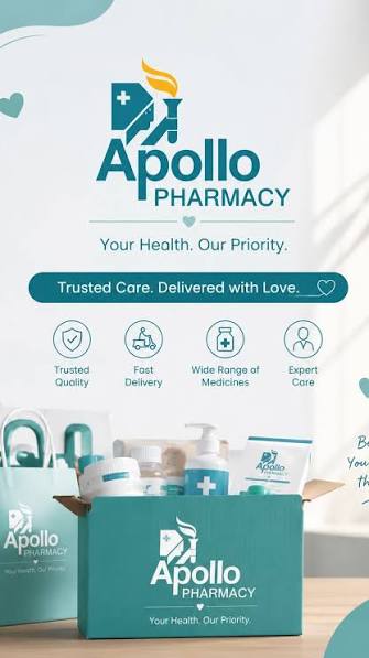 Apollo Pharmacy promotional graphic listing trusted quality, fast delivery, wide range of medicines, and expert care