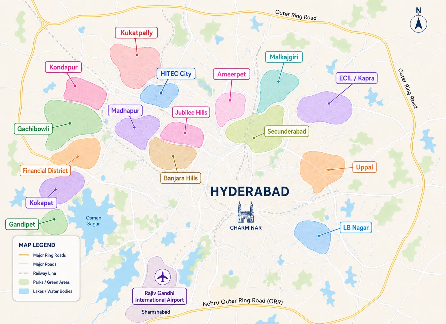 Map of Hyderabad's areas and neighborhoods, showing Kukatpally, Kondapur, HITEC City, Gachibowli, Financial District, Madhapur, Jubilee Hills, Banjara Hills, Ameerpet, Malkajgiri, Secunderabad, ECIL/Kapra, Uppal, LB Nagar, Kokapet, Gandipet, Charminar, and Shamshabad